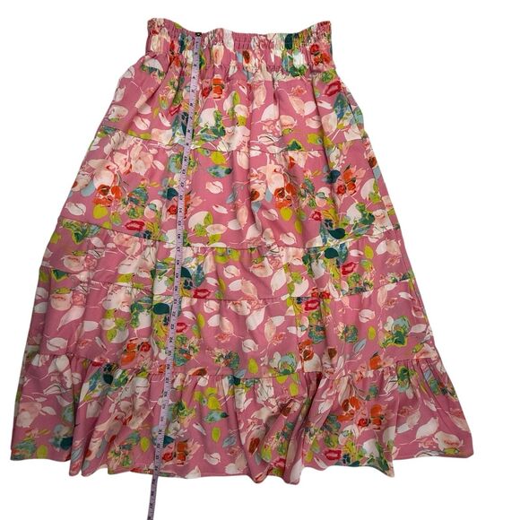 Calessa Tiered Floral Maxi Skirt Size Large Pink Cottage Prairie Boho Lined - Picture 9 of 10